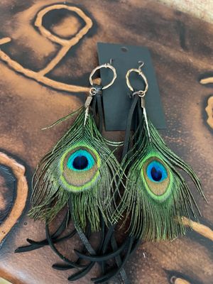 Black Deer Skin Leather Tassel Earrings with Peacock Feather - Black