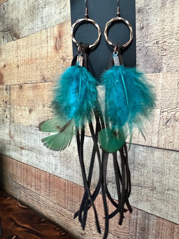 Brown DeerSkin Leather Tassel Earring-Turquoise Feather