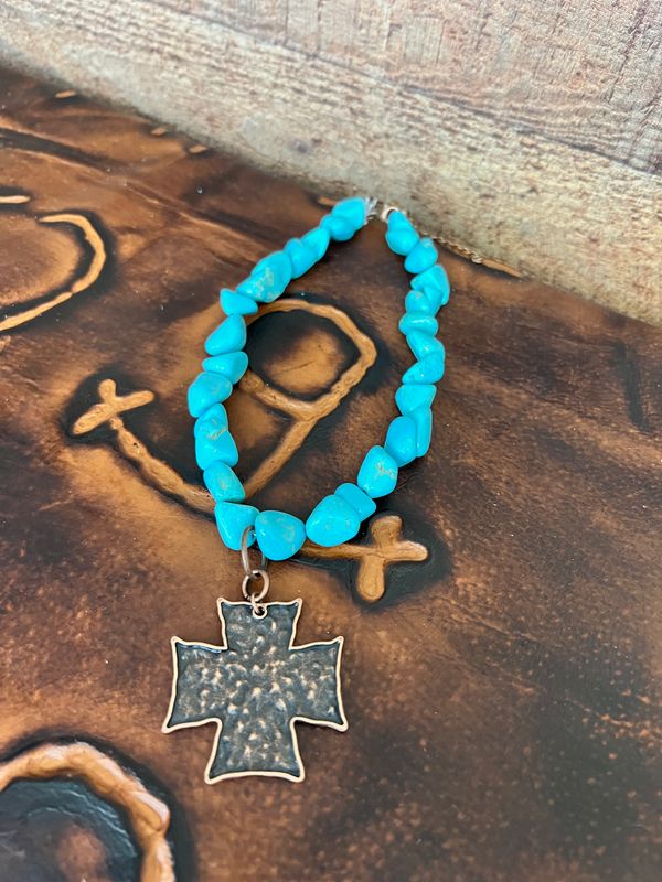 Fashion Chunky Blue Turquoise Collar Necklace w/ Cross Pendant