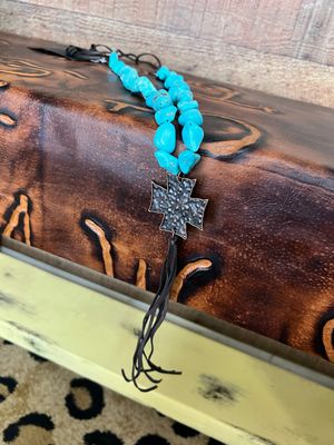 Chunky Magnesite Beaded Cross Necklace Leather Tassel 