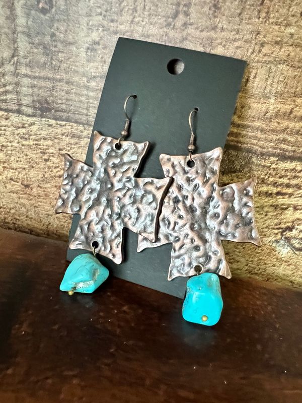 Copper Cross Earrings w/ Blue Turquoise Chunks