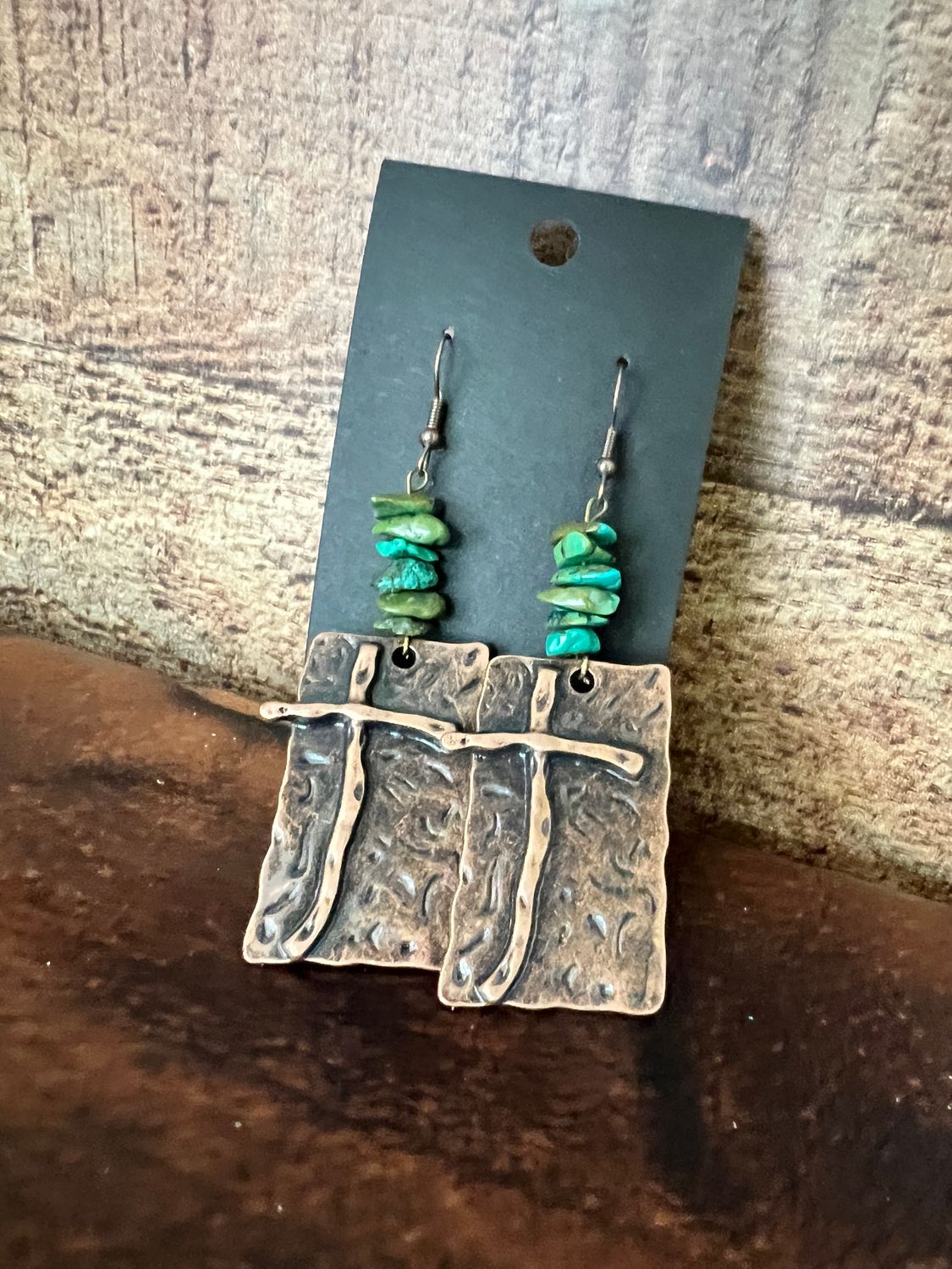 Copper Cross Earrings w/ Natural Turquoise Chunks