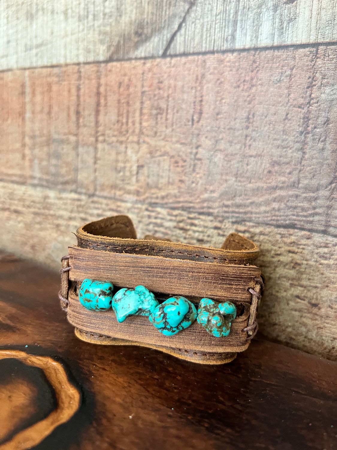 Dusty Leather Wide Cuff with Blue Turquoise Chunks