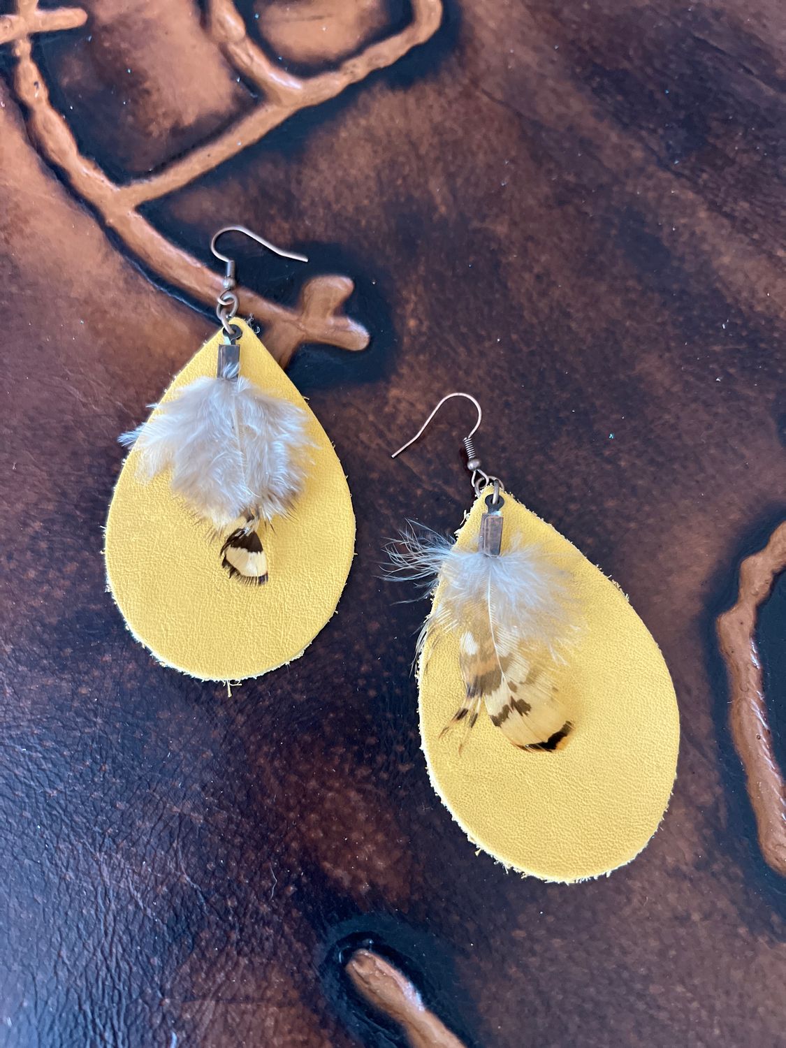 Leather Teardrop Mustard Earrings w/ Feather