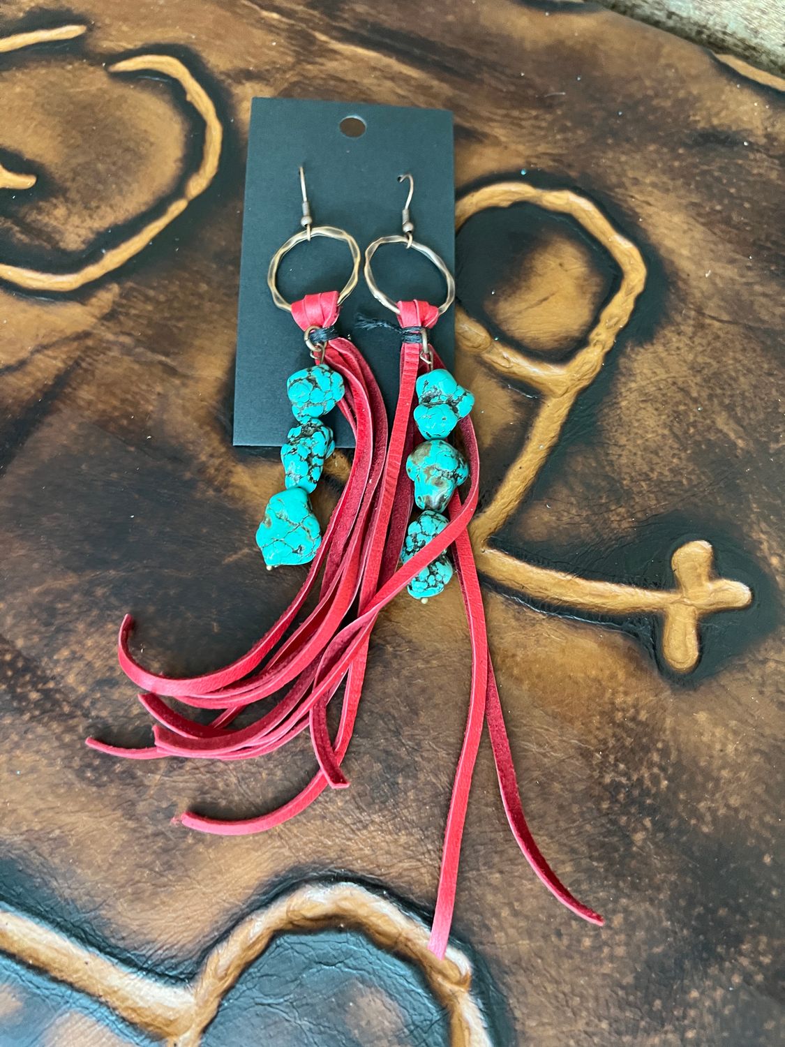 Leather Fringe Earrings with Turquoise Chunks Red