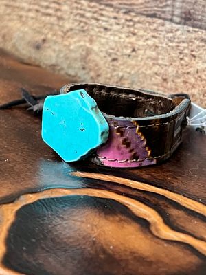 Magenta Navajo Narrow Leather Cuff w/ Turquoise Slab