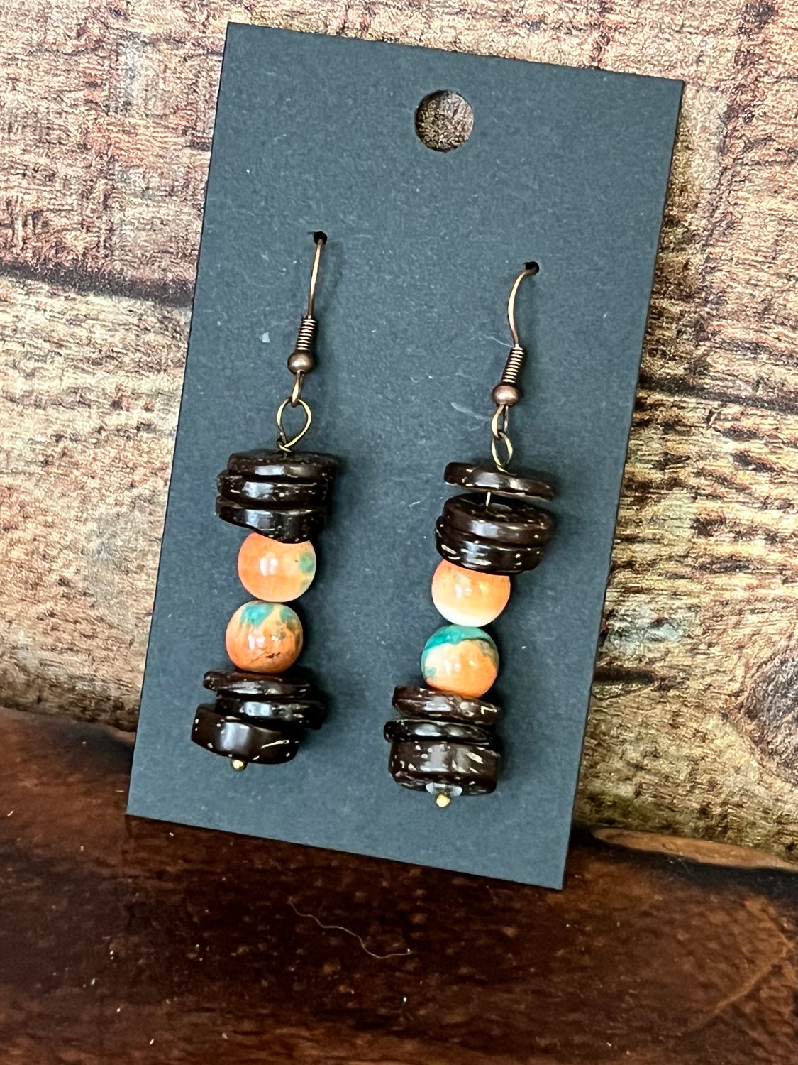Multi-Colored Turquoise and Wood Earrings (223D)