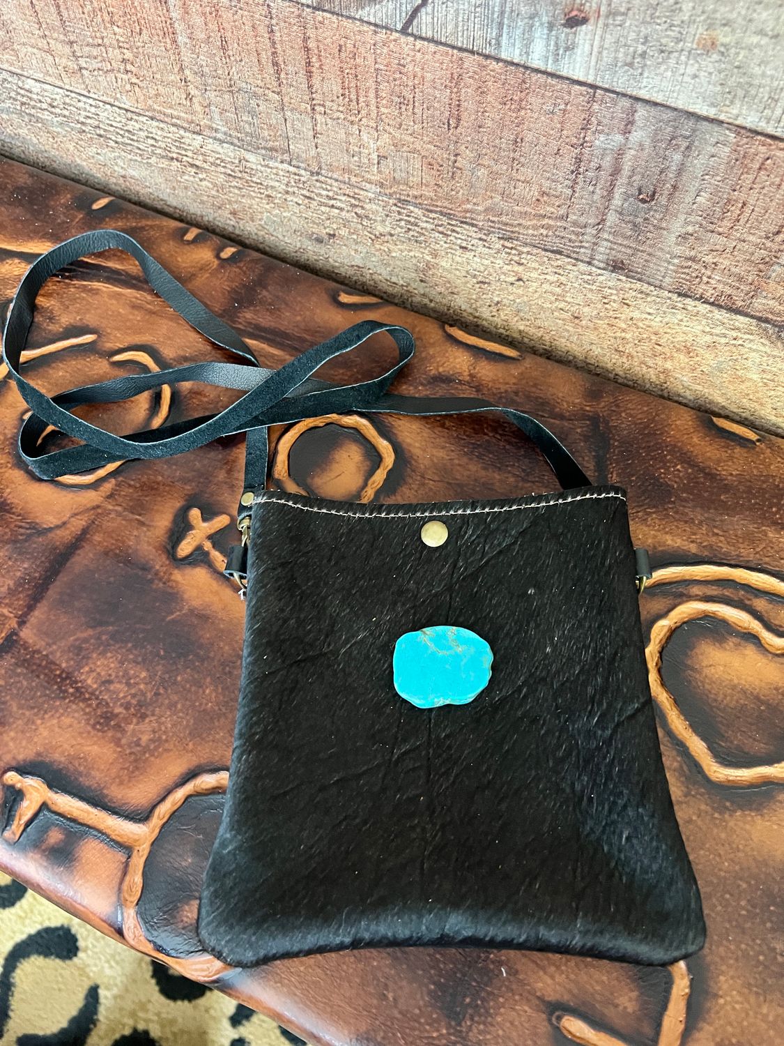 Small Crossbody Handbag Black Leather Hide &amp; Turquoise