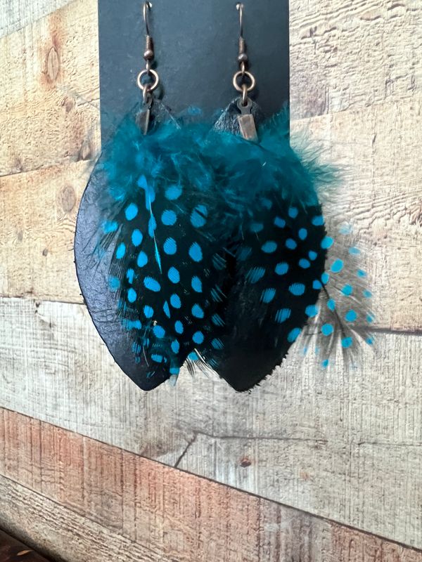 Western Leather Oval Earrings Black w/ Turquoise Feather