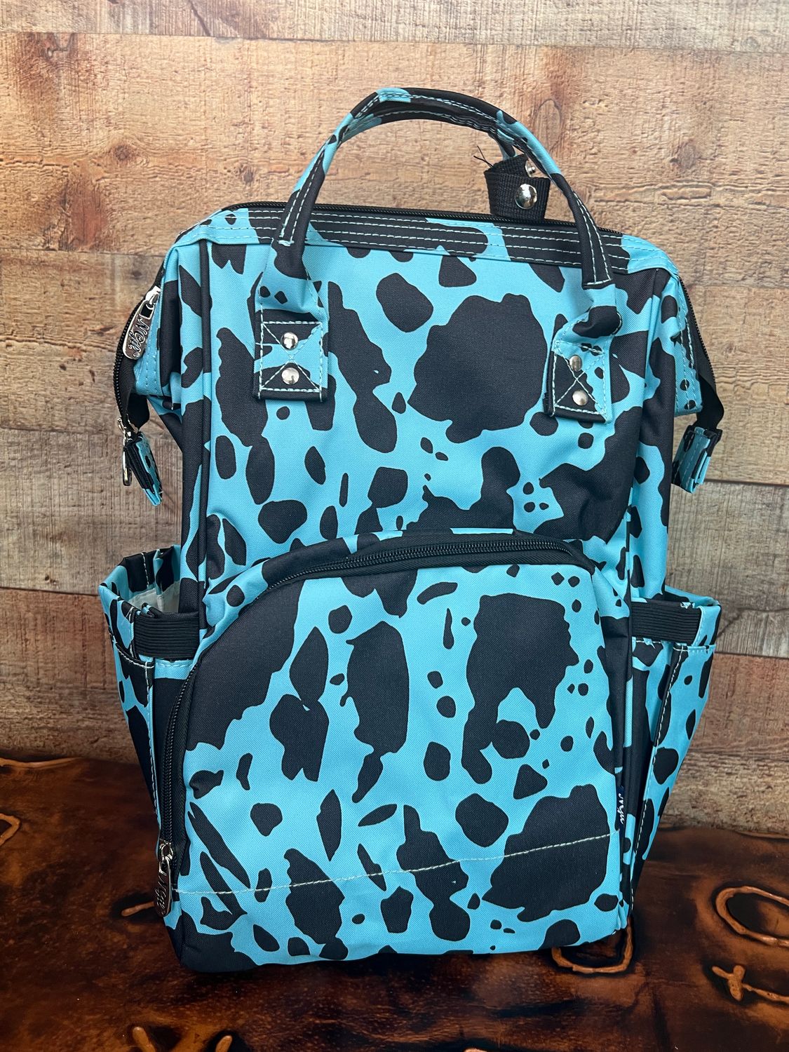 Turquoise Cow Print Diaper Bag Backpack