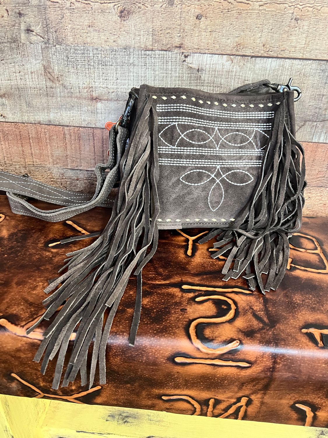 Suede Leather Boot Stitch Crossbody Bag