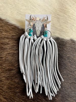 Bozeman Fringe Earrings w/ Turquoise Beads - White