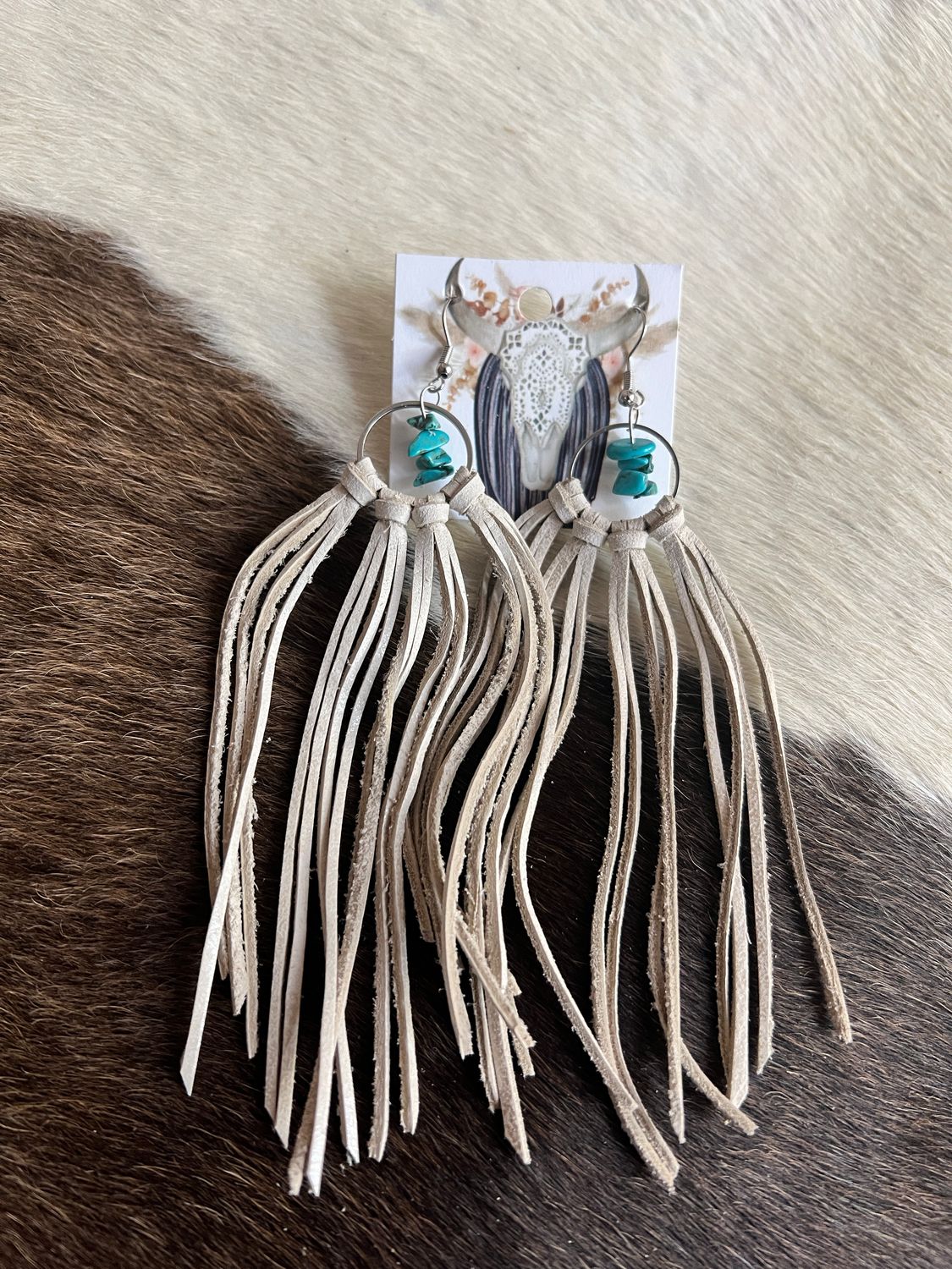 Bozeman Fringe Earrings w/ Turquoise Beads - Beige