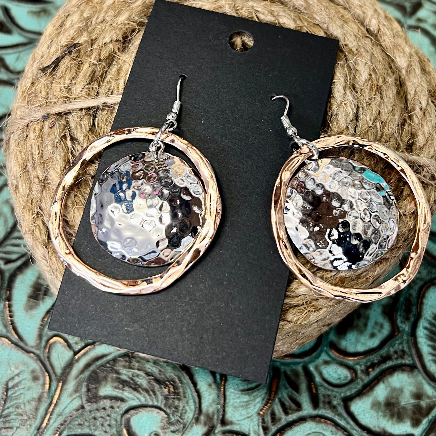 Copper Ring Silver Disc Earrings 