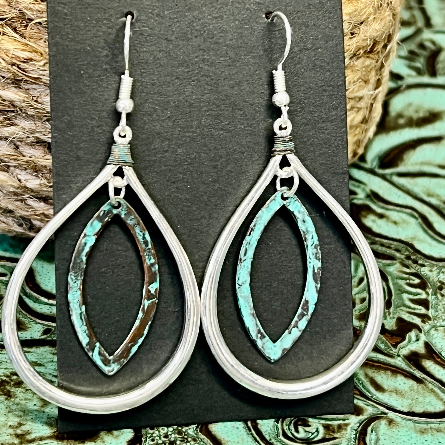 Teardrop Frame Patina Earrings