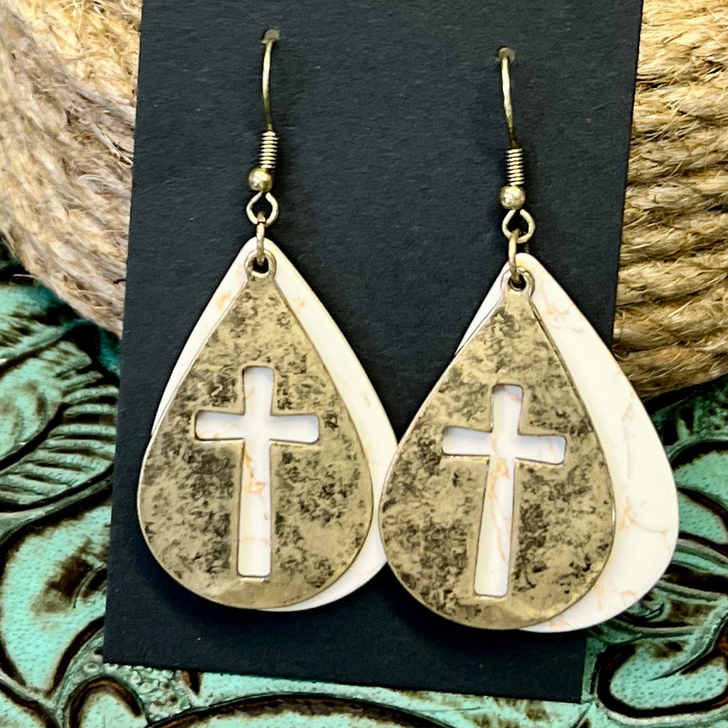 White Pearl Cross Earrings