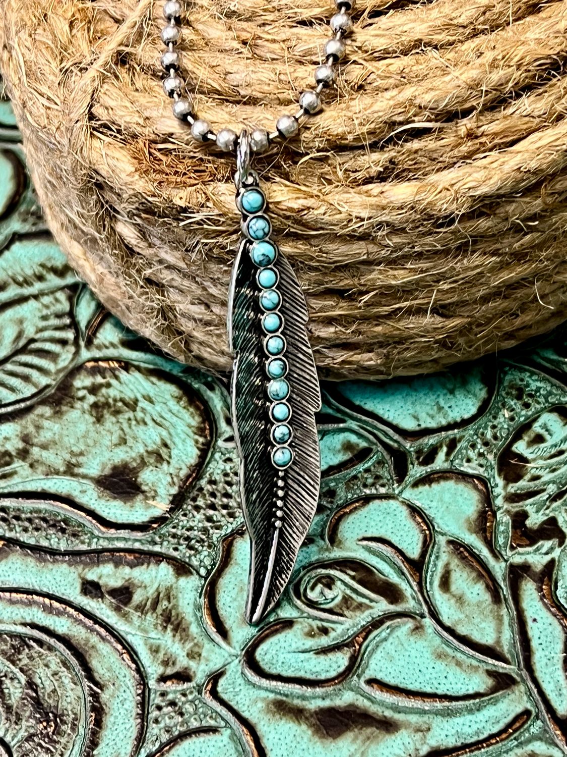 Feather Pendant Necklace with Turquoise