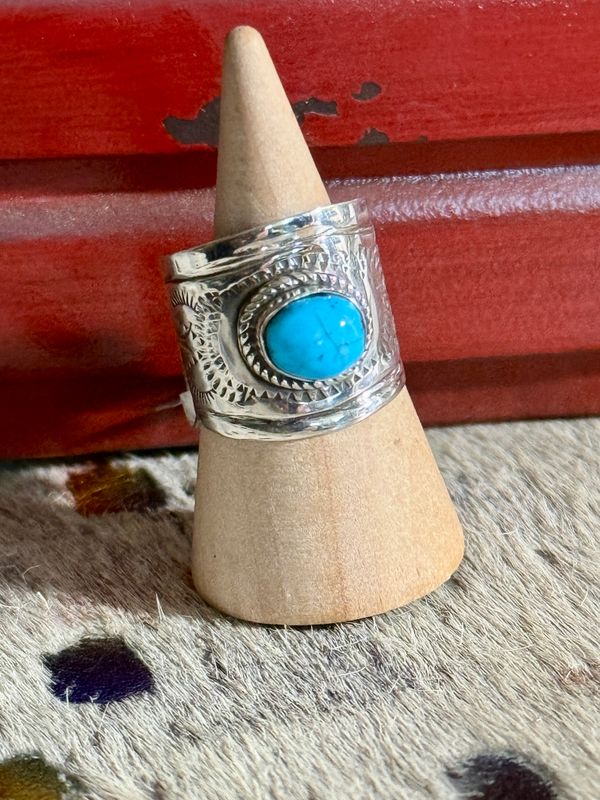 Authentic Turquoise Stone Sterling Wide Band Ring Size 7