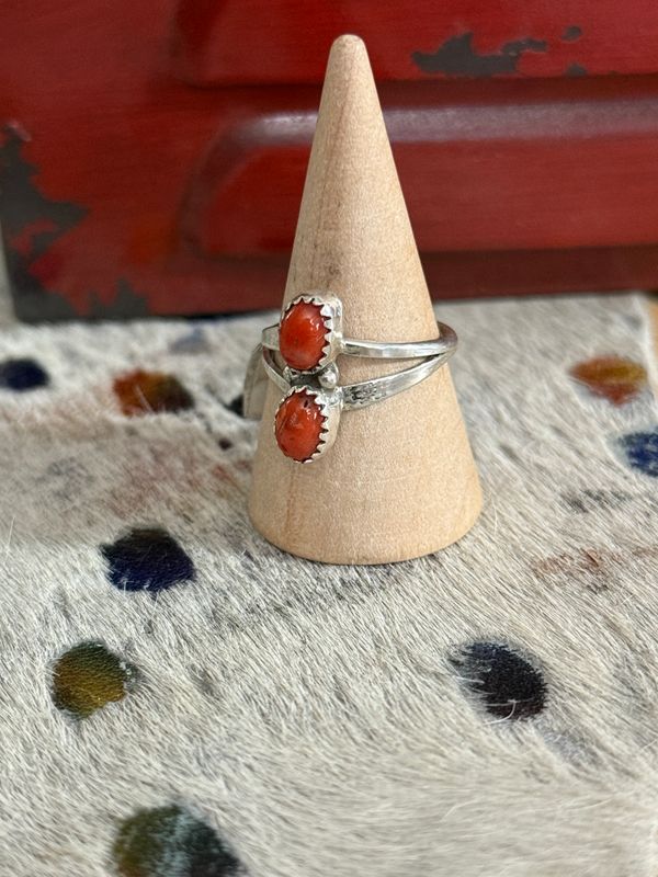Coral Double Stone Sterling Ring Size 8