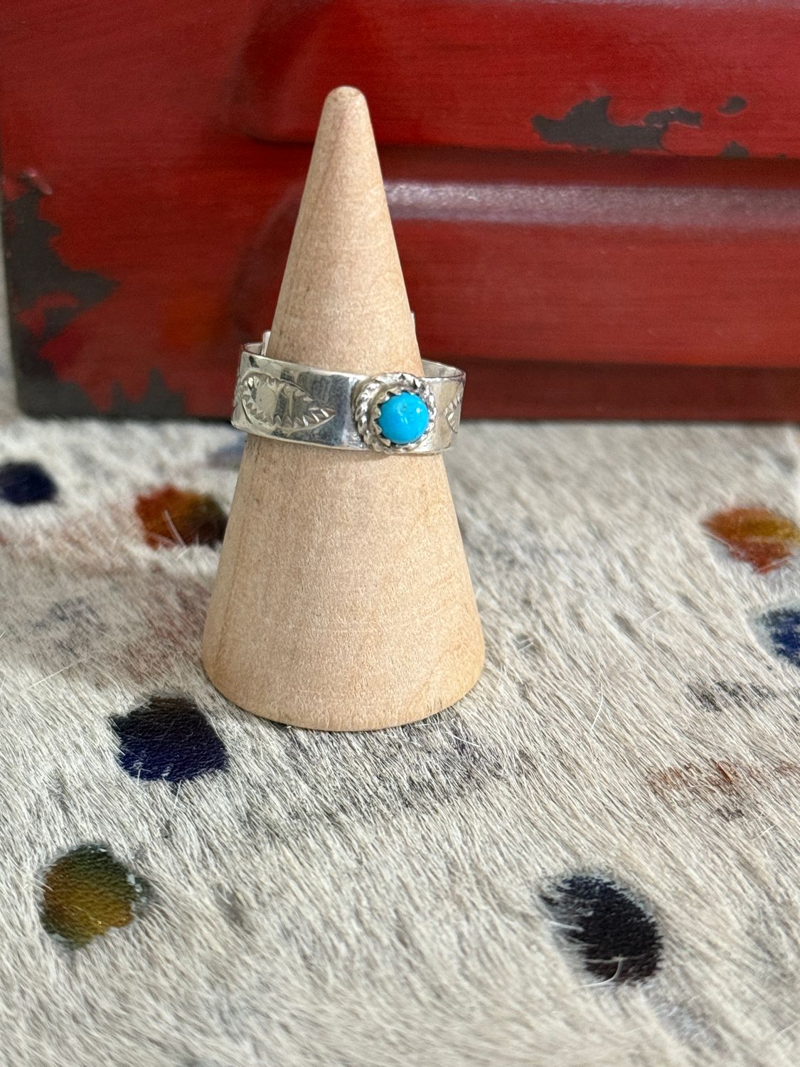 Authentic Stamped Band with Turquoise Stone Atop Size 6.5