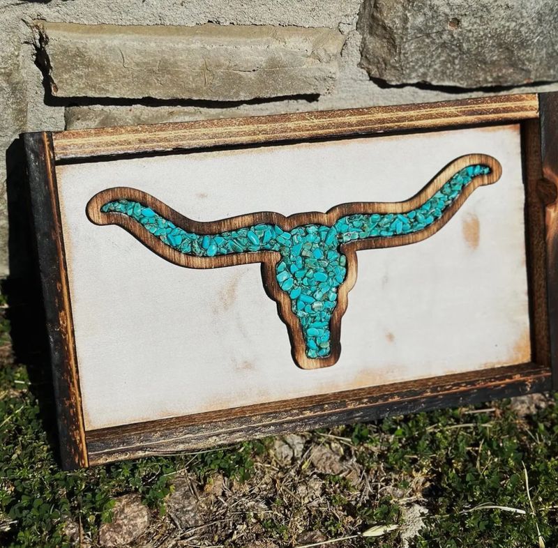 Longhorn Decor White Background Turquoise Filled