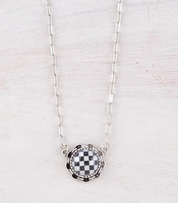 Round Checkered Pendant Necklace