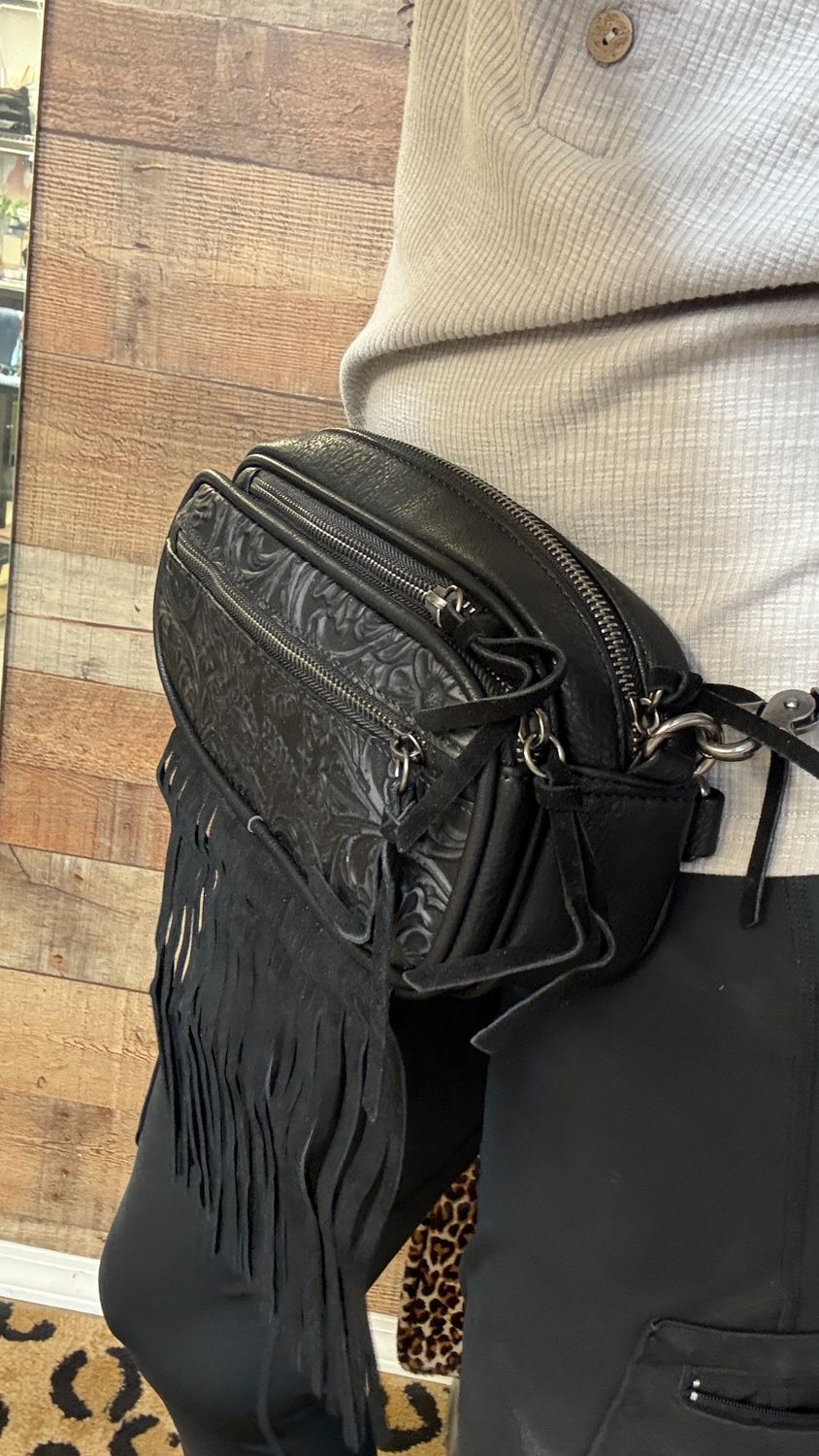 Black Leather Tooled Triple Zippered Pocket Fringe Belt Bag