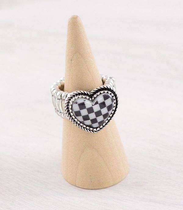 Fashion Checkered Heart Stretch Ring