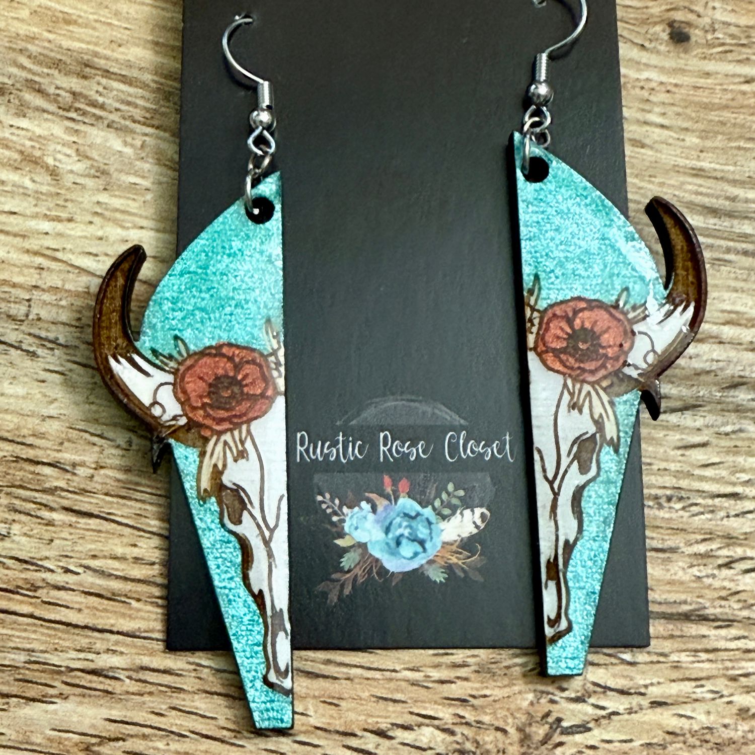White Teal Steer Skull Earrings
