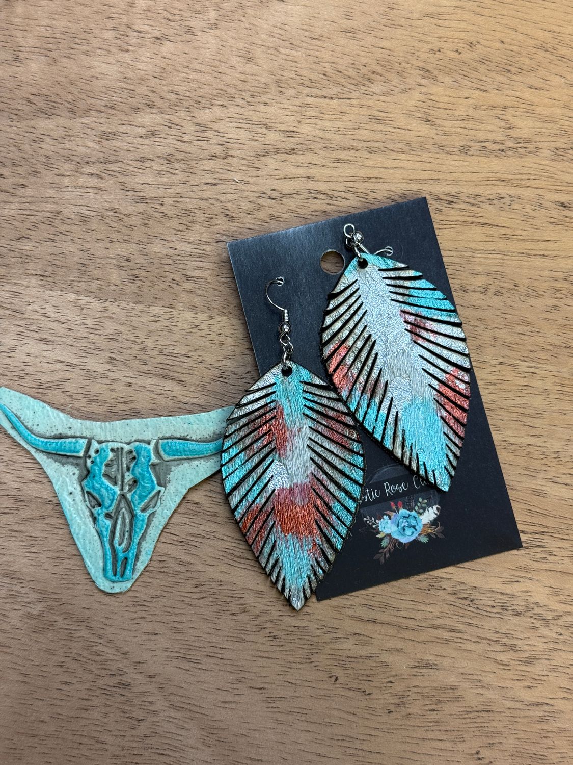 Patina Cowhide Feather Earrings 