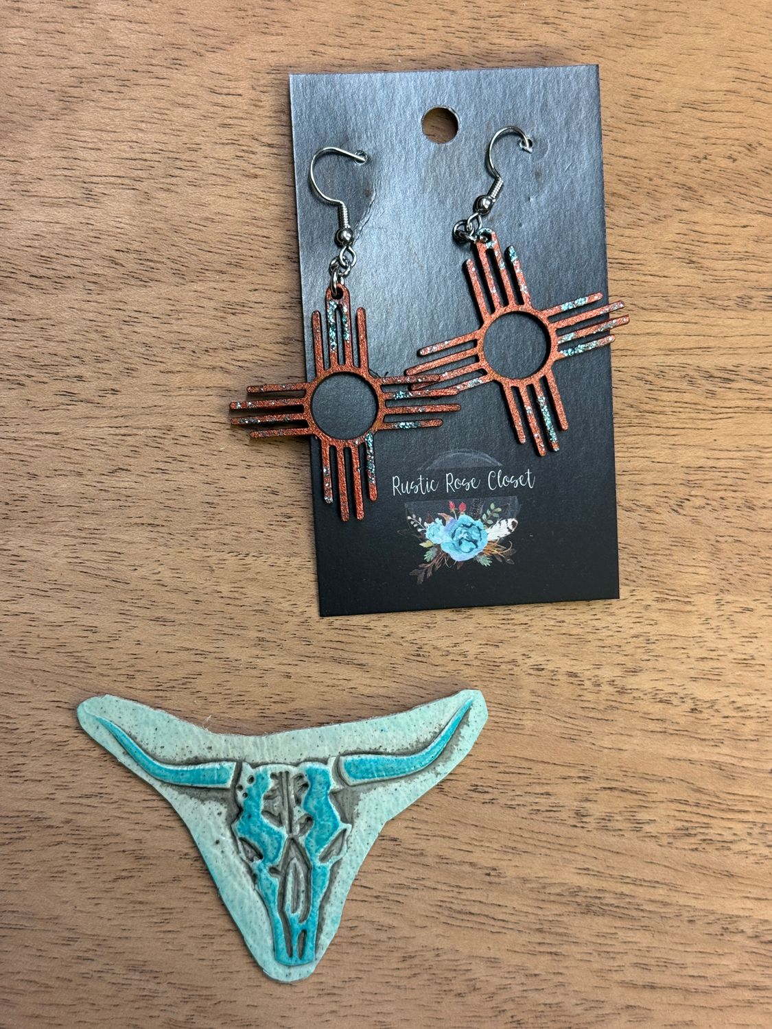 1.5&quot; Copper Zia With Teal Glitter Earrings