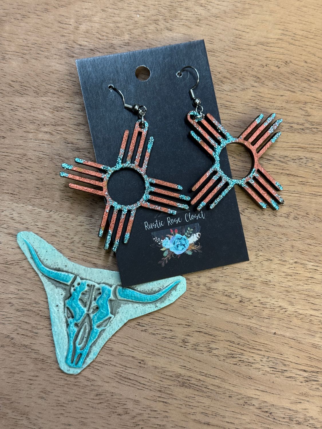 2&quot; Teal Zias with Copper Glitter Earrings