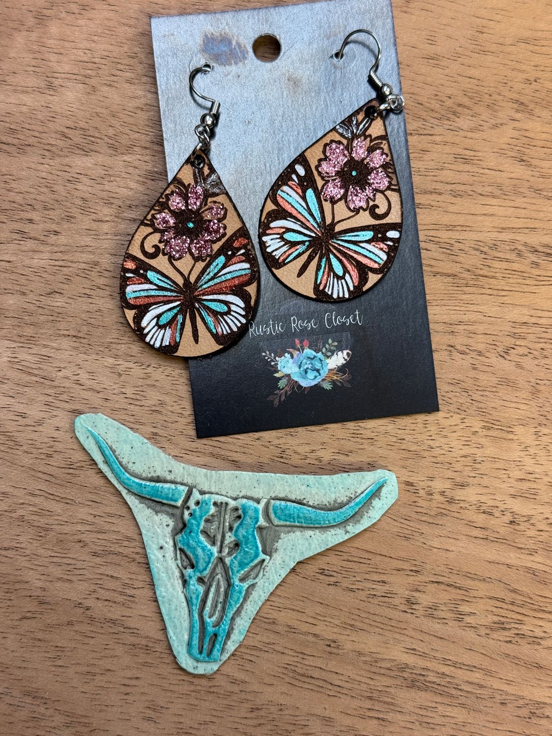Butterfly Teardrops~Leather Floral Earrings