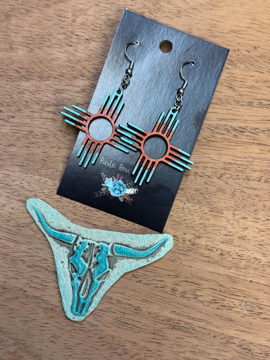 1.5&quot; Teal Zias Copper Center Earrings
