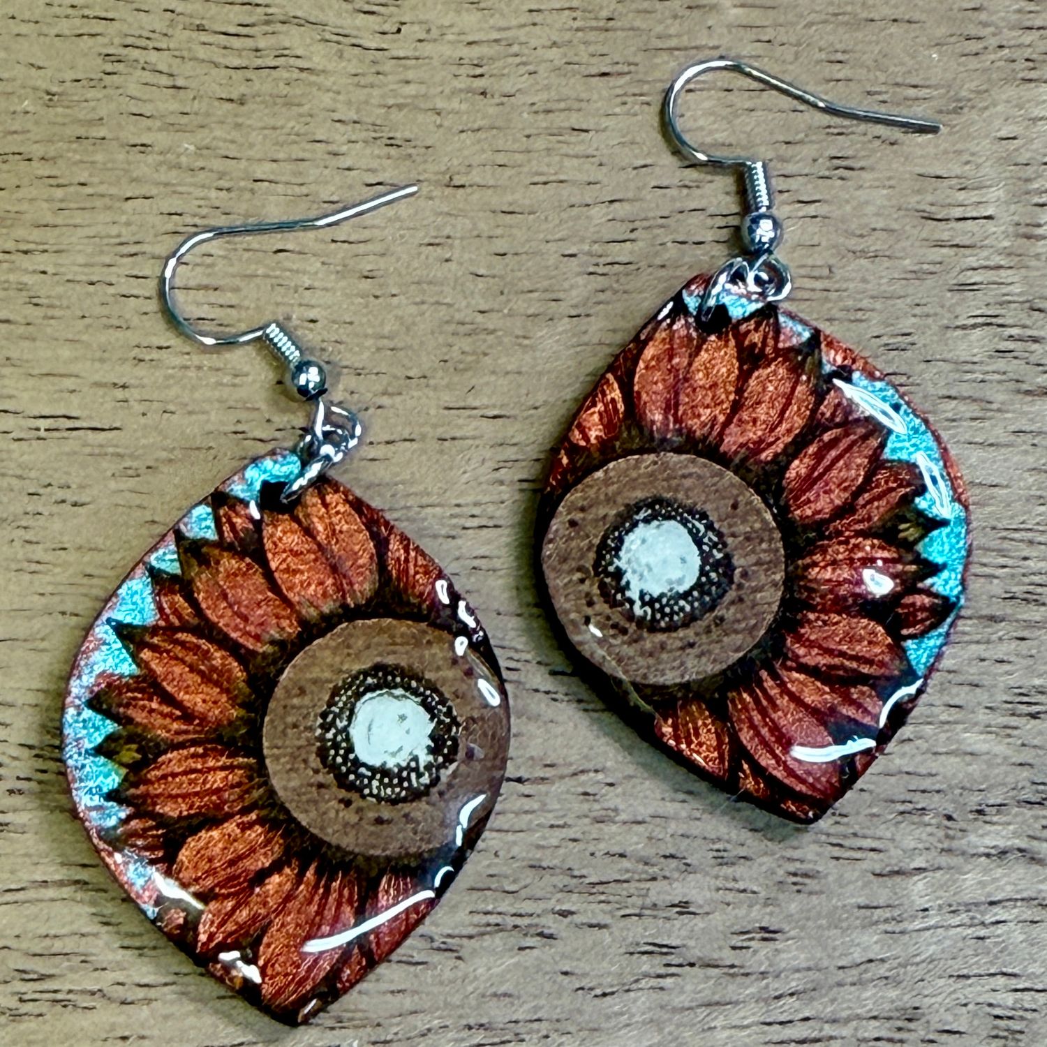 Copper Sunflower Teardrop Earrings