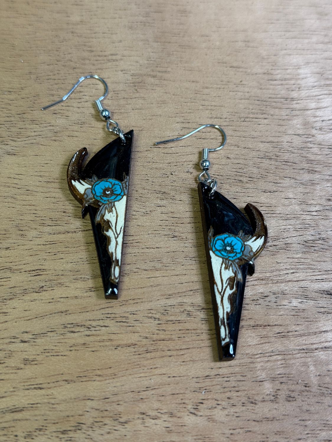 White Skull With Turquoise Flower Earrings