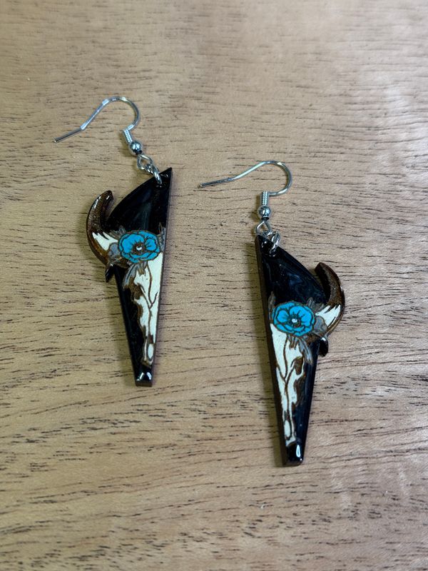 White Skull With Turquoise Flower Earrings