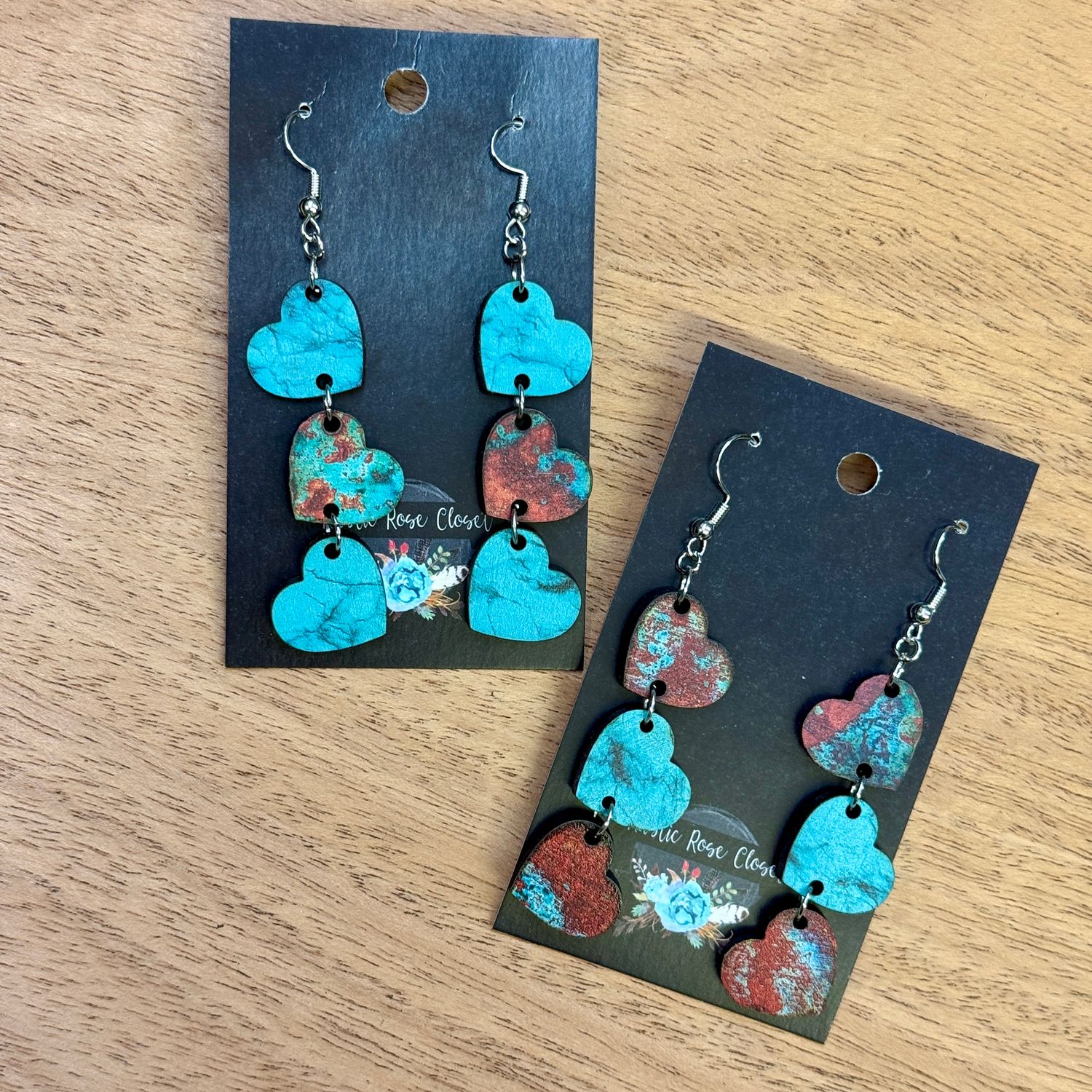 Turquoise Patina Triple Heart Earrings