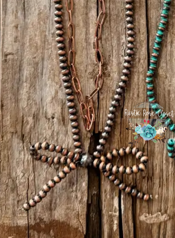 Navajo Style Pearl Bow Coquette Layered Necklace - Copper