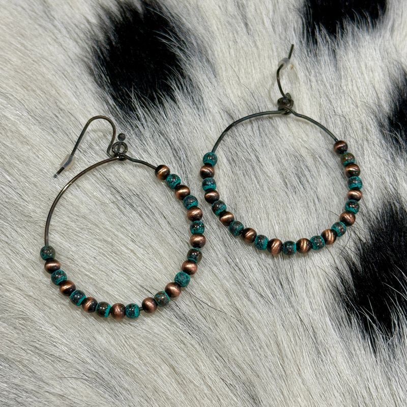 Navajo Style Pearl Round Dangle Earrings - Patina - Turquoise