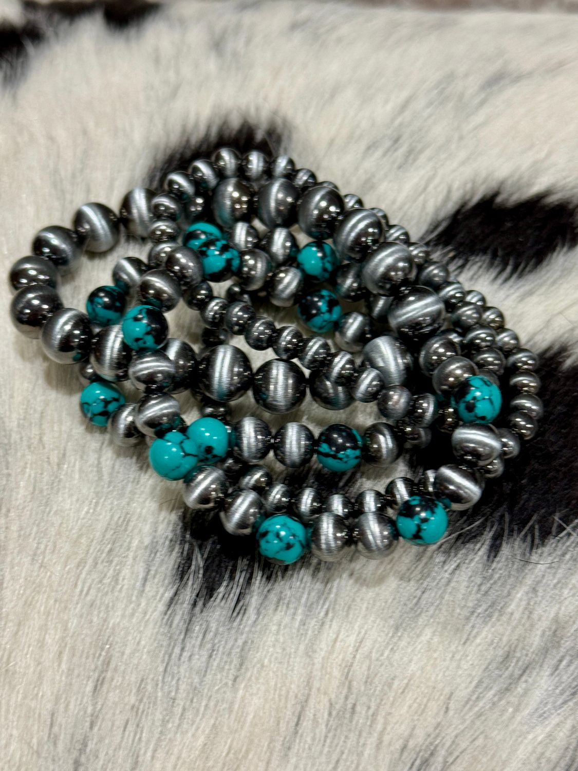 Western Navajo Style Bead Stretch Bracelets - SILVER + TURQUOISE