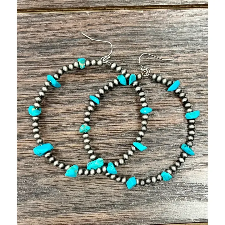 Handmade Navajo Bead Turquoise Hoop Earrings 