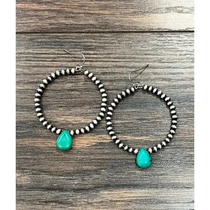 Handmade Navajo Bead, Turquoise Hoop Earrings
