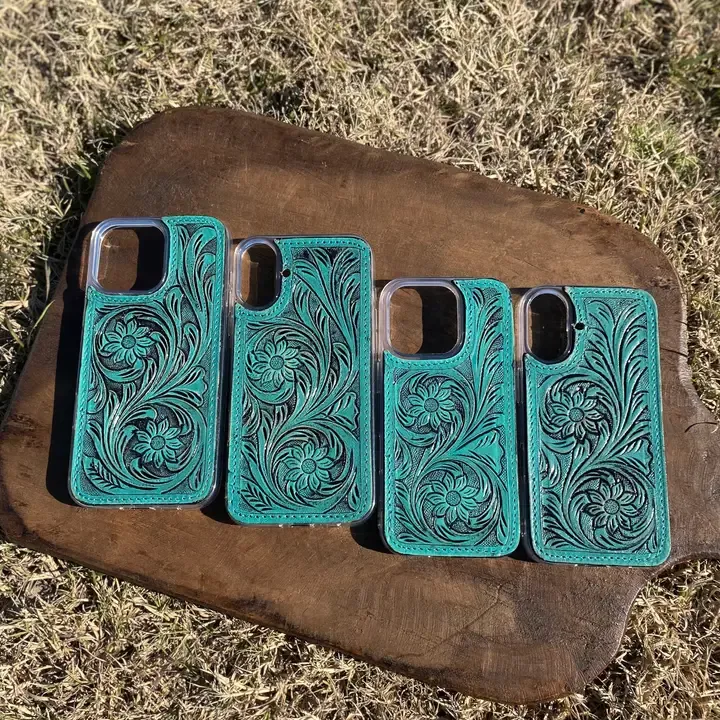 Phone Case Turquoise Tooled Leather Floral   - 16ProMax