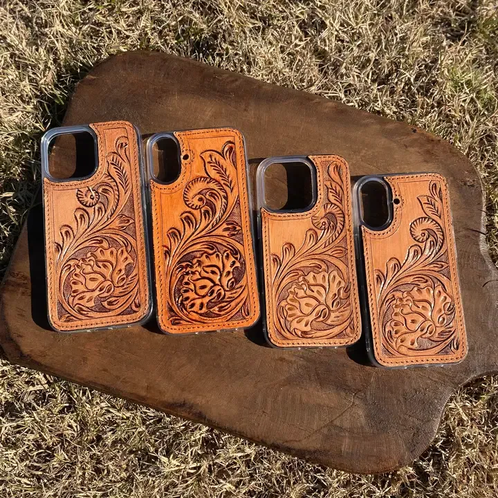 Phone Case Tooled Leather Floral ll - 16ProMax
