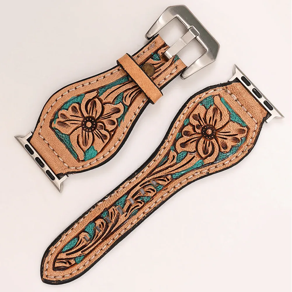 Teal Flower Tooled Watch Band