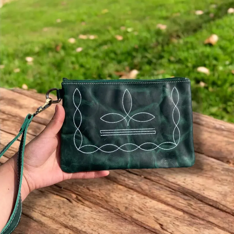 Emerald BootStitch Rustic Leather Wristlet Pouch  