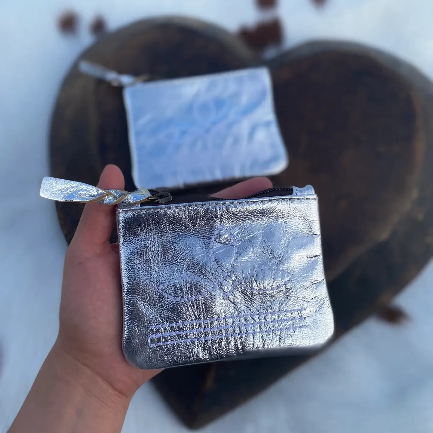 Silver Foil Leather BootStitch Coin Pouch   