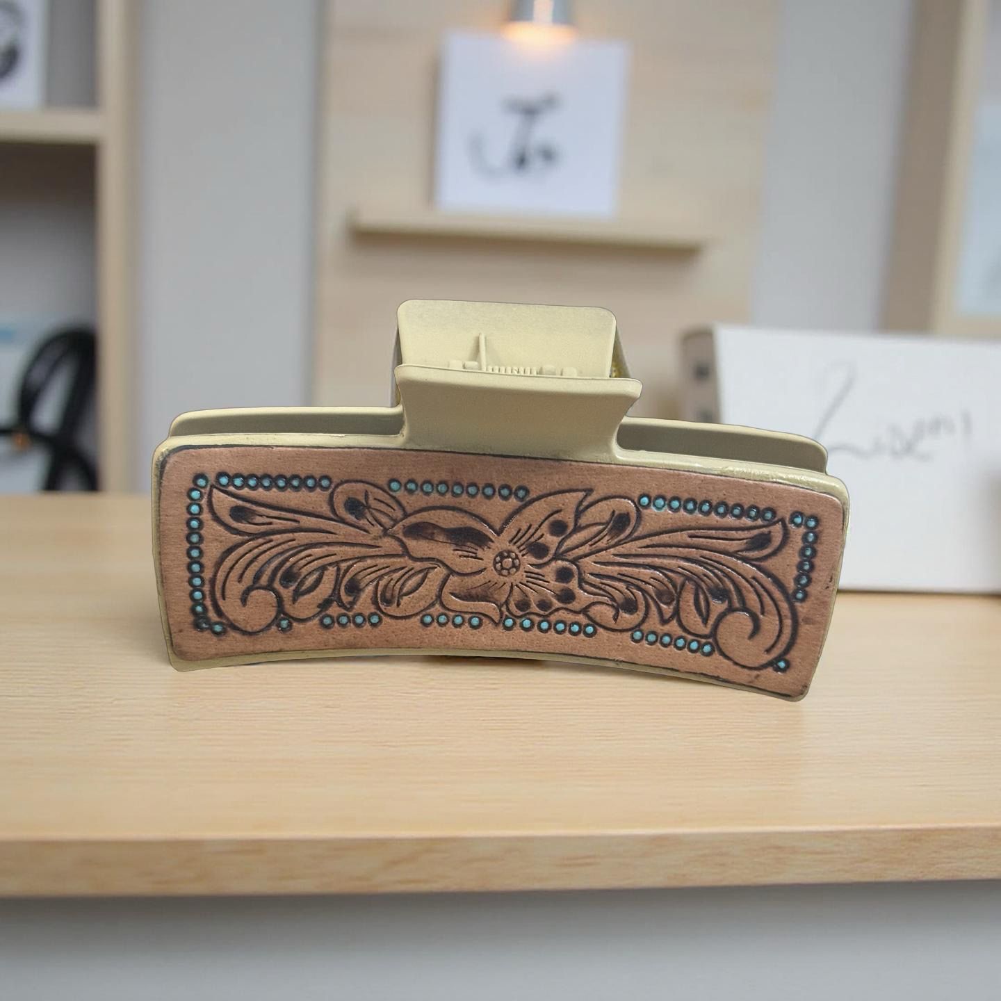 Teal Dot Tooled Hair Claw