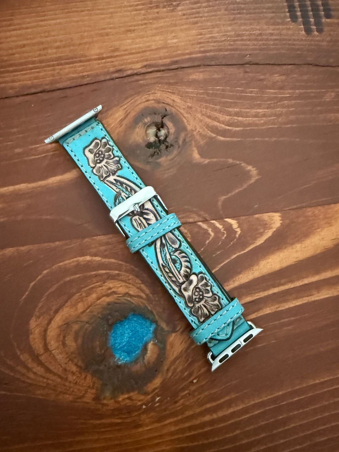 Blue Teal Tooled Leather Watchband 38/40/41